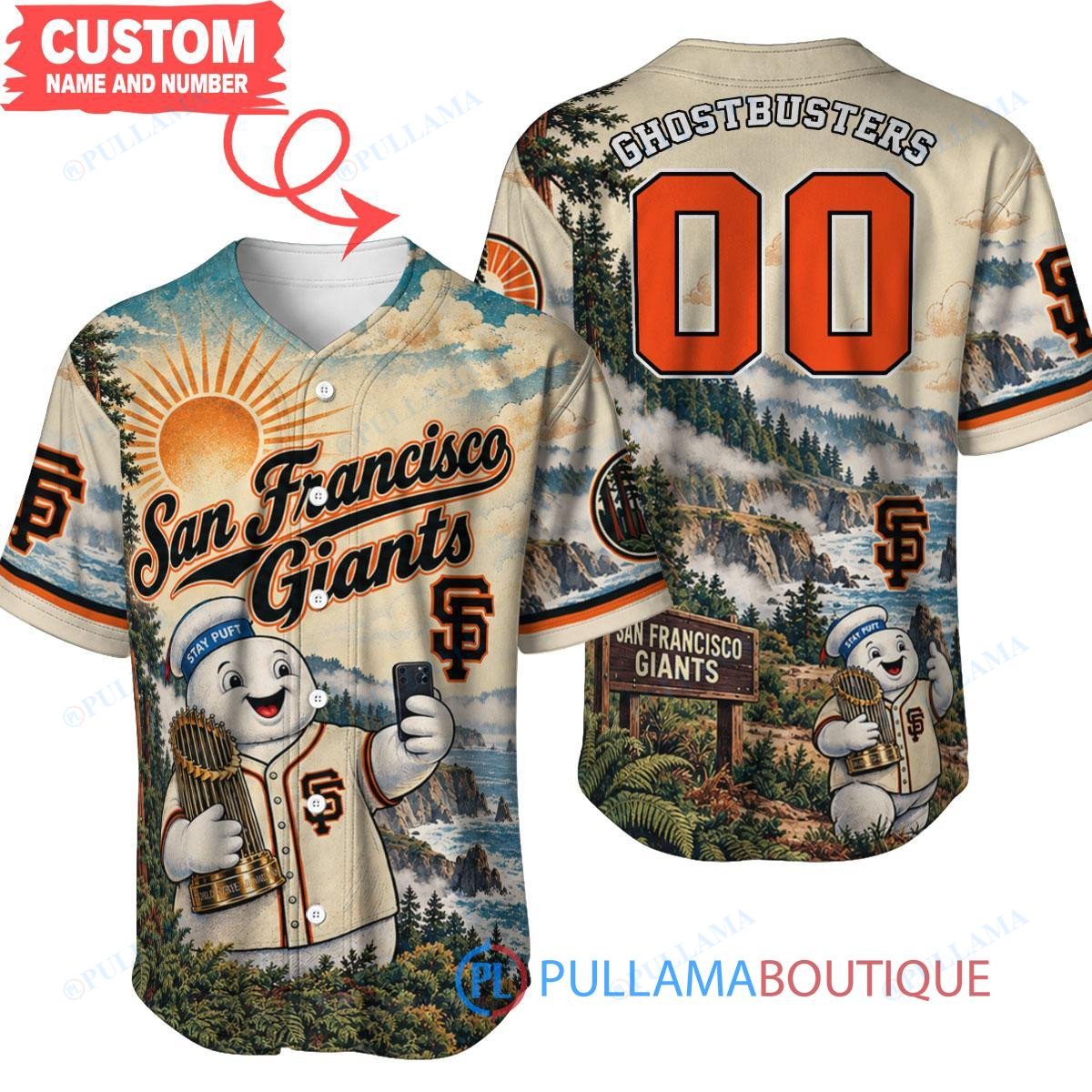San Francisco Giants Stay Puft Marshmallow Man with World Series Trophy Custom Baseball Jersey