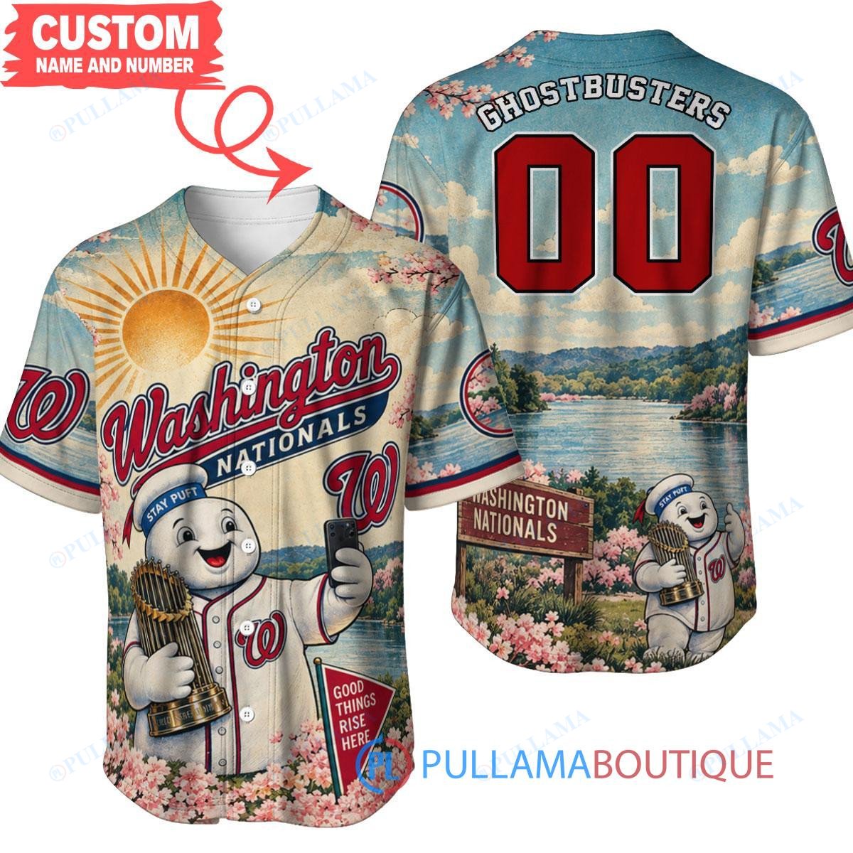 Washington Nationals Stay Puft Marshmallow Man with World Series Trophy Custom Baseball Jersey