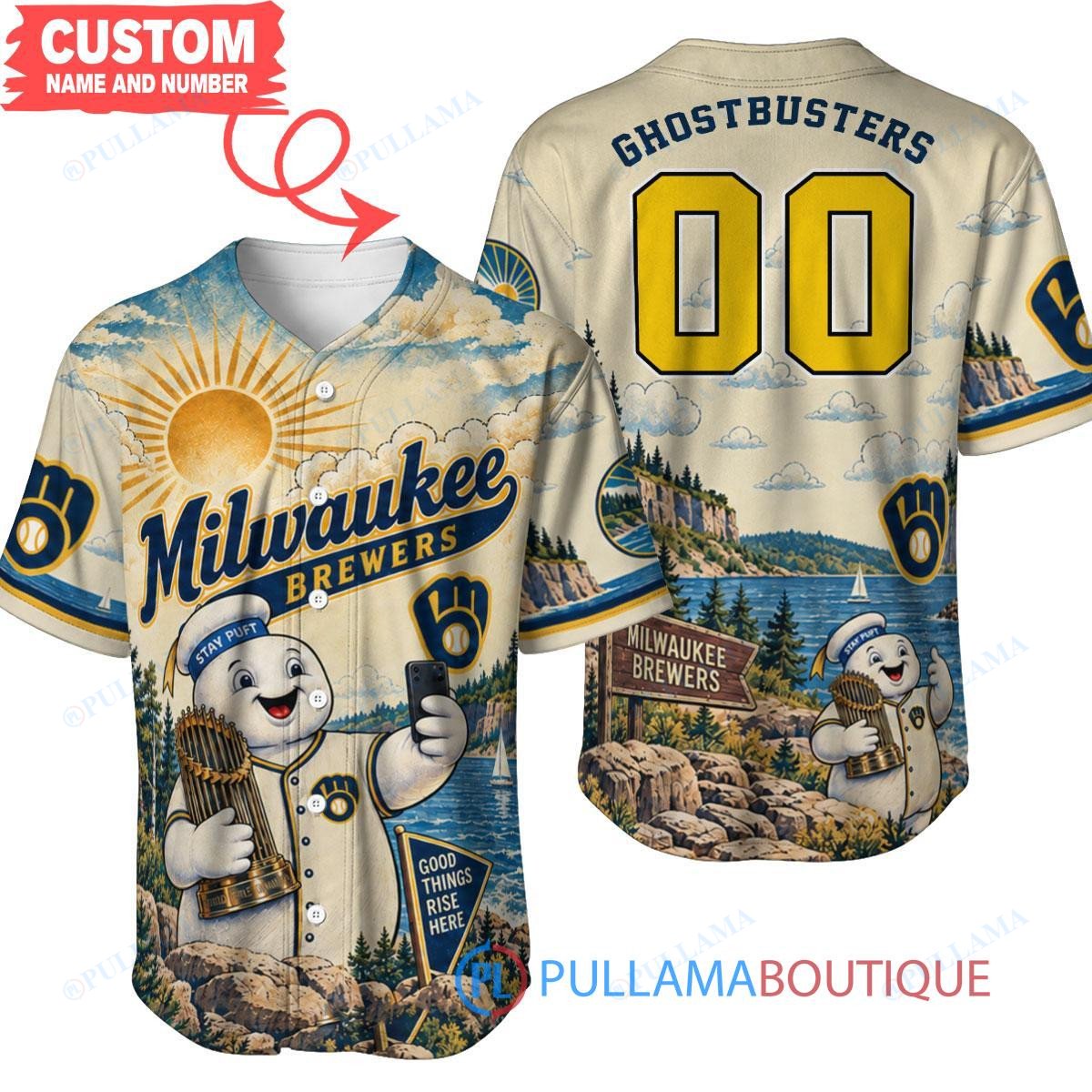 Milwaukee Brewers Stay Puft Marshmallow Man with World Series Trophy Custom Baseball Jersey