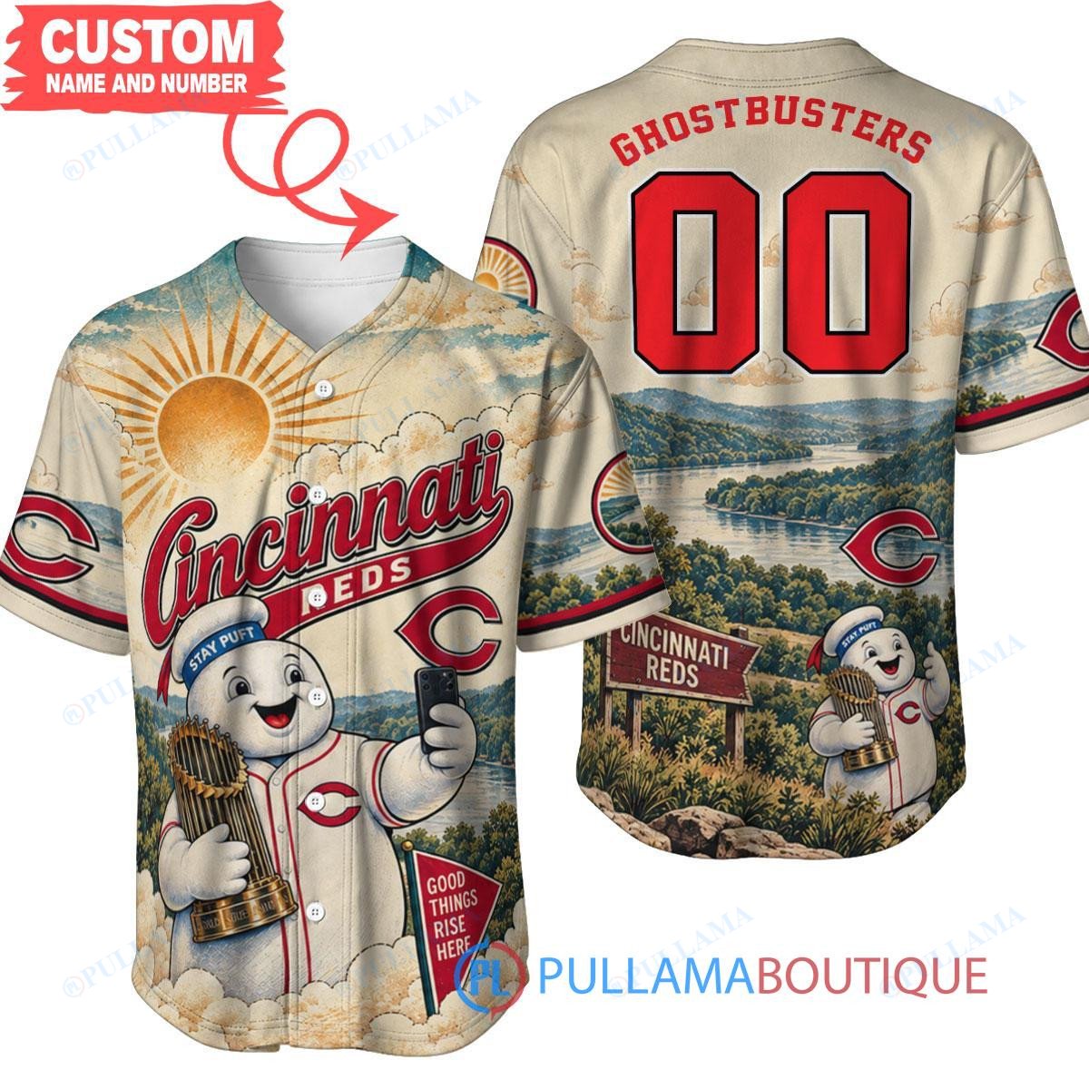 Cincinnati Reds Stay Puft Marshmallow Man with World Series Trophy Custom Baseball Jersey
