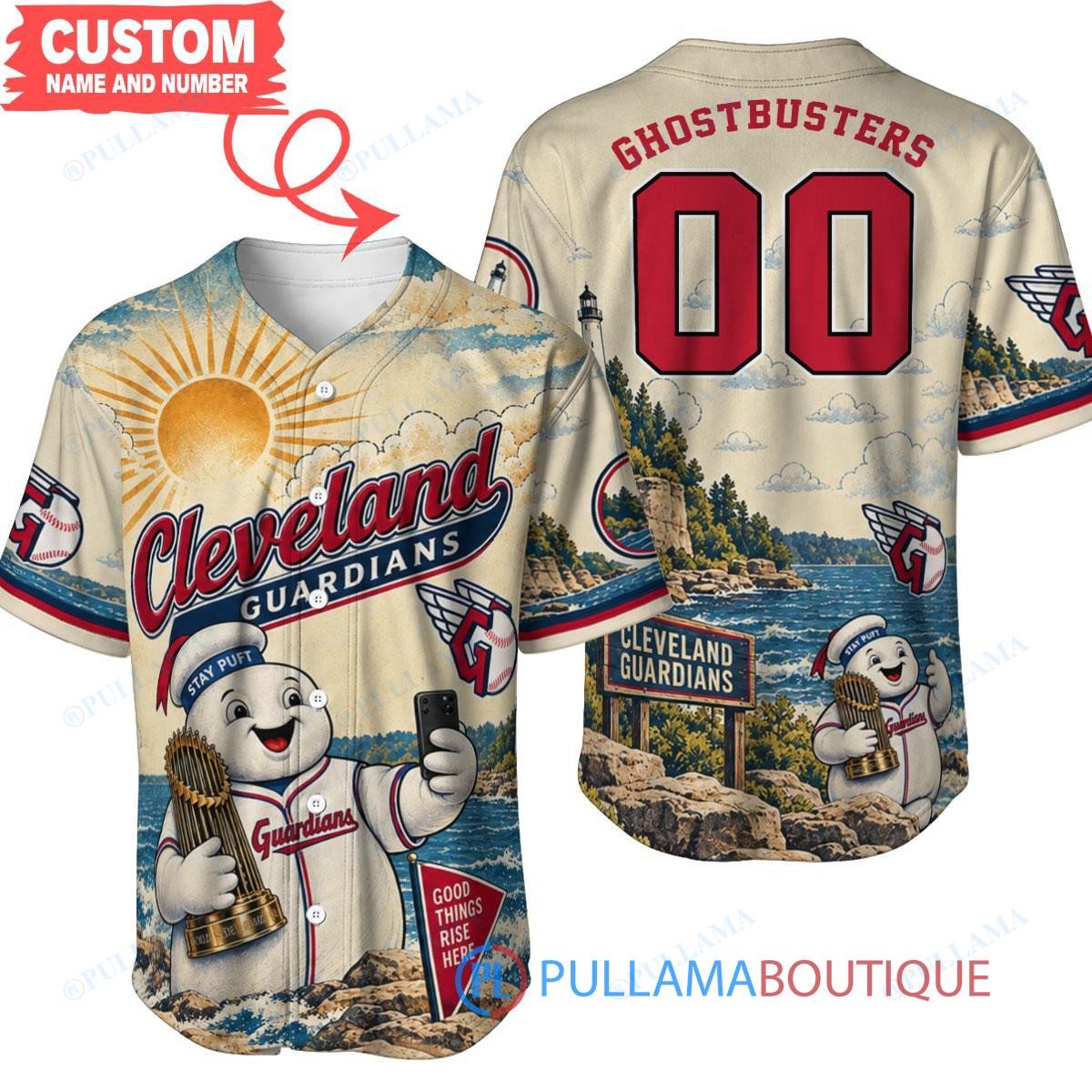 Cleveland Guardians Stay Puft Marshmallow Man with World Series Trophy Custom Baseball Jersey