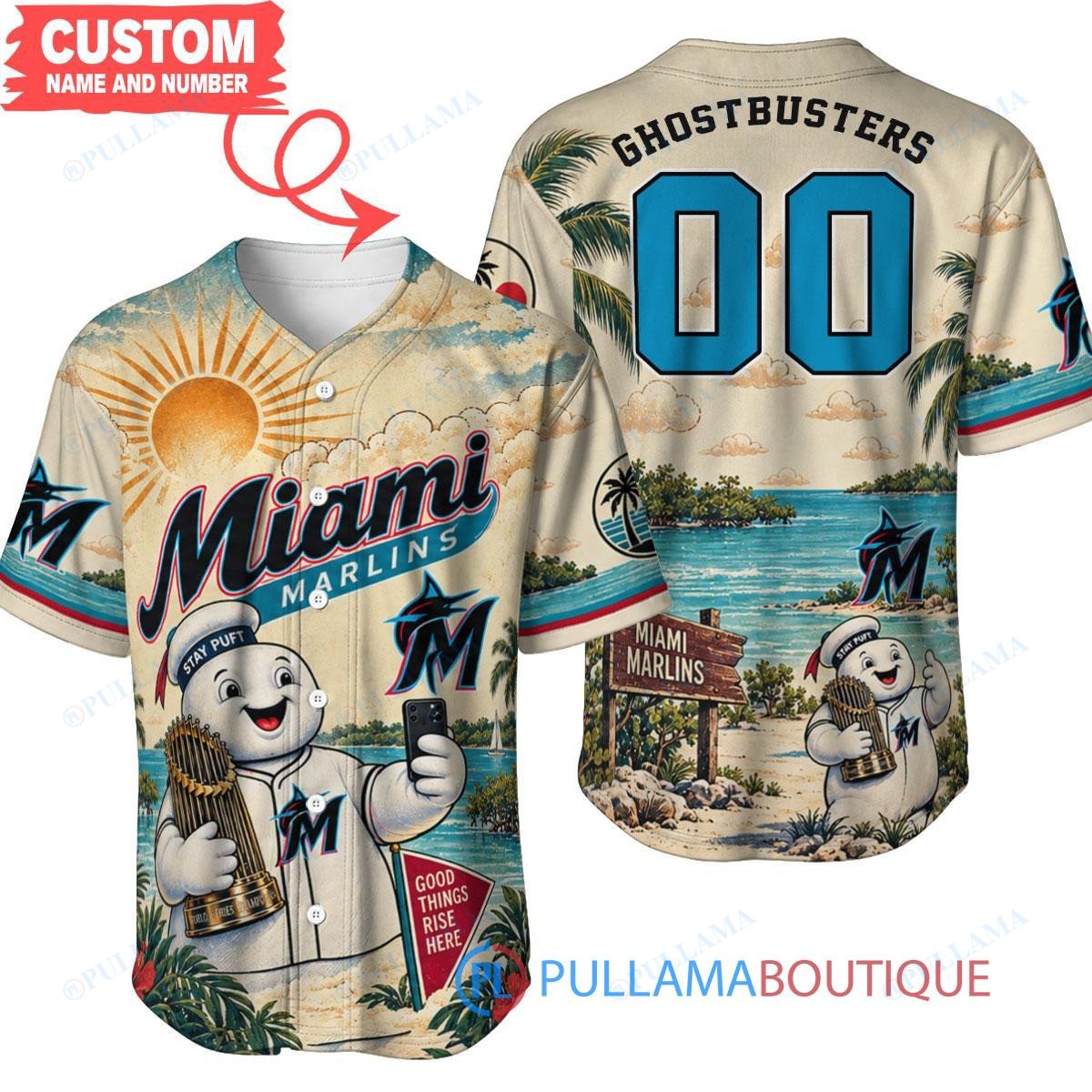 Miami Marlins Stay Puft Marshmallow Man with World Series Trophy Custom Baseball Jersey