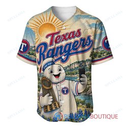 Texas Rangers Stay Puft Marshmallow Man with World Series Trophy Custom Baseball Jersey