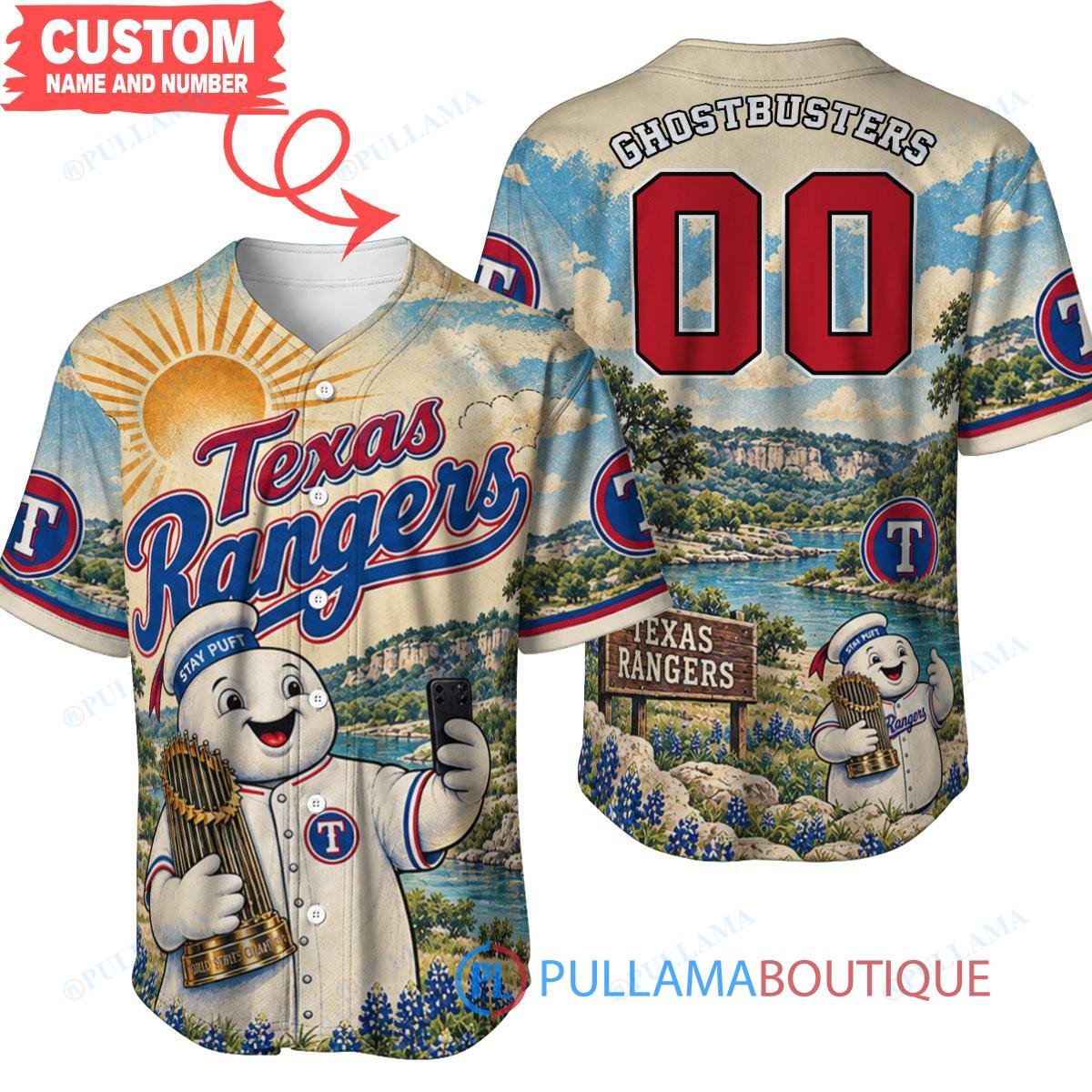 Texas Rangers Stay Puft Marshmallow Man with World Series Trophy Custom Baseball Jersey