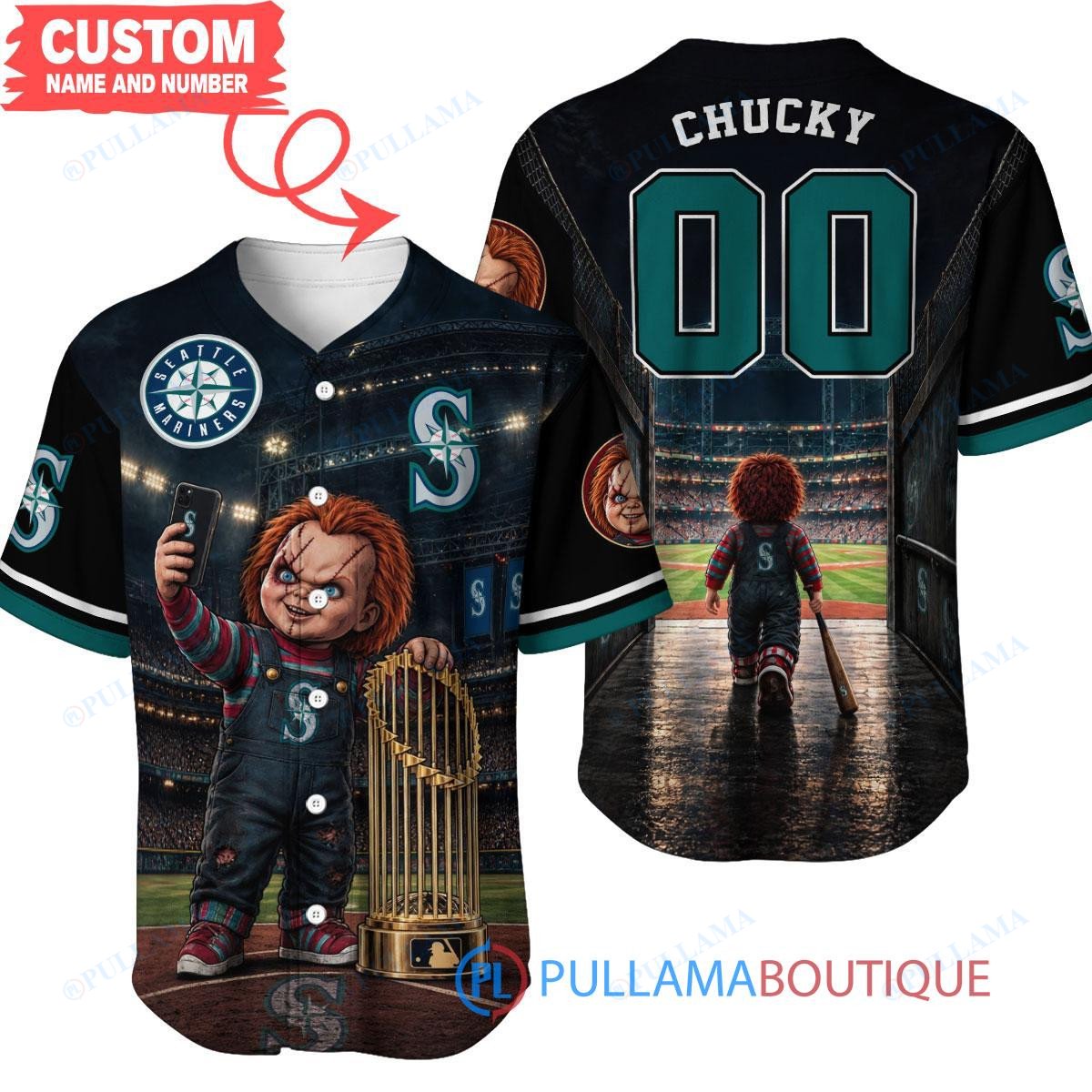 Seattle Mariners Chucky Child's Play with World Series Trophy Custom Baseball Jersey