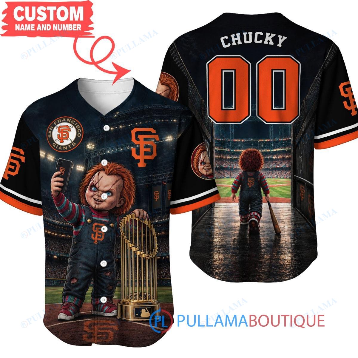 San Francisco Giants Chucky Child's Play with World Series Trophy Custom Baseball Jersey