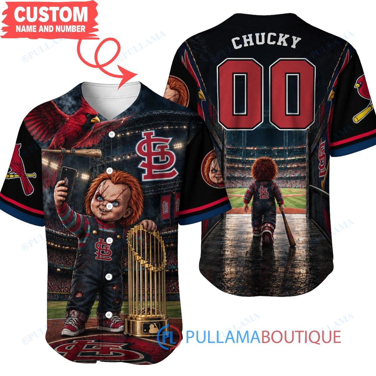 St.Louis Cardinals Chucky Child's Play with World Series Trophy Custom Baseball Jersey