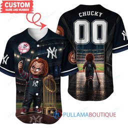 New York Yankees Chucky Child's Play with World Series Trophy Custom Baseball Jersey
