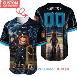 Miami Marlins Chucky Child's Play with World Series Trophy Custom Baseball Jersey