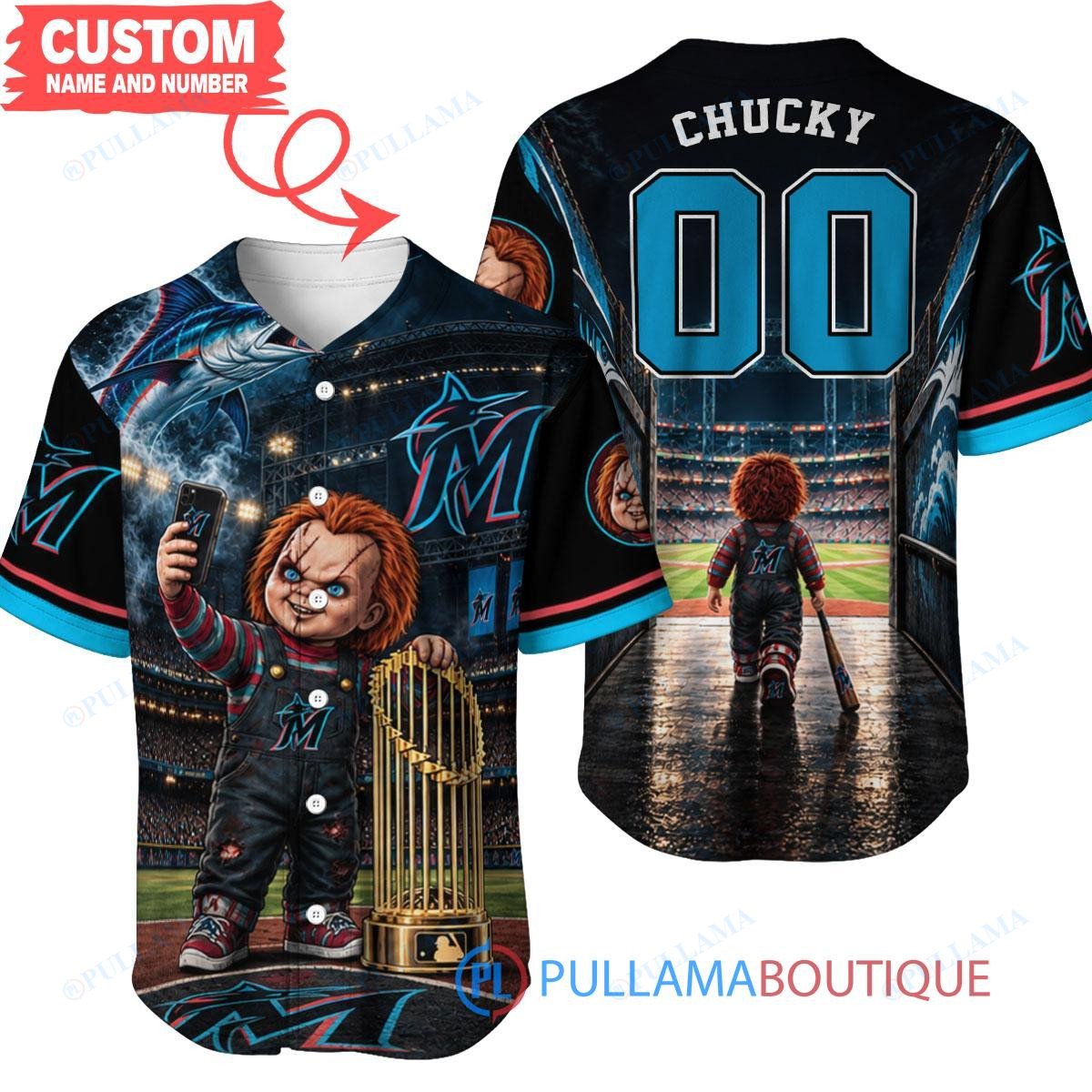 Miami Marlins Chucky Child's Play with World Series Trophy Custom Baseball Jersey