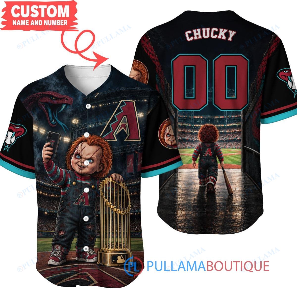 Arizona Diamondbacks Chucky Child's Play with World Series Trophy Custom Baseball Jersey