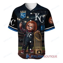 Kansas City Royals Chucky Child's Play with World Series Trophy Custom Baseball Jersey