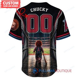 Los Angeles Angels Chucky Child's Play with World Series Trophy Custom Baseball Jersey