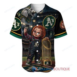 Oakland Athletics Chucky Child's Play with World Series Trophy Custom Baseball Jersey