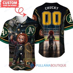 Oakland Athletics Chucky Child's Play with World Series Trophy Custom Baseball Jersey