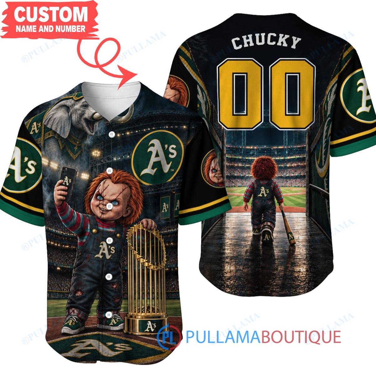 Oakland Athletics Chucky Child's Play with World Series Trophy Custom Baseball Jersey