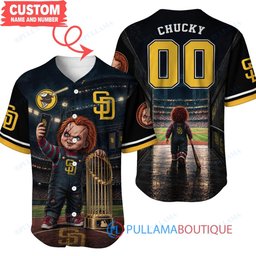San Diego Padres Chucky Child's Play with World Series Trophy Custom Baseball Jersey
