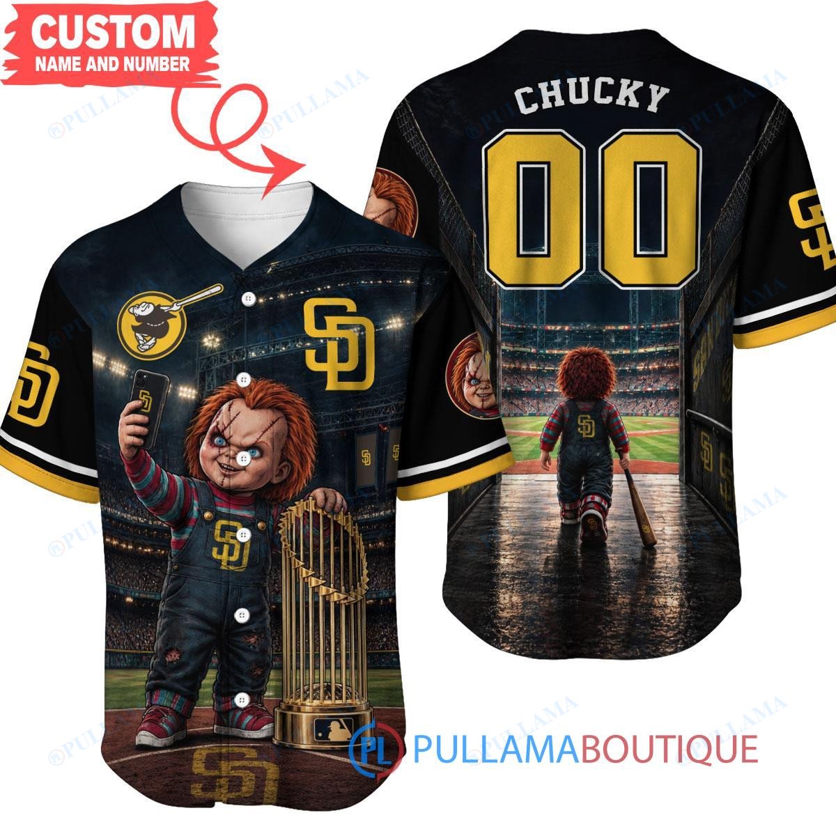San Diego Padres Chucky Child's Play with World Series Trophy Custom Baseball Jersey