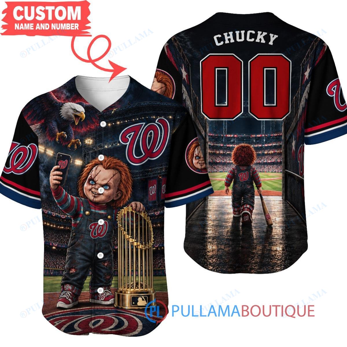 Washington Nationals Chucky Child's Play with World Series Trophy Custom Baseball Jersey