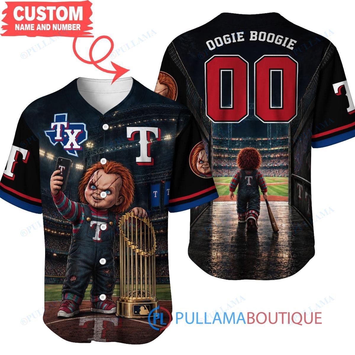Texas Rangers Chucky Child's Play with World Series Trophy Custom Baseball Jersey