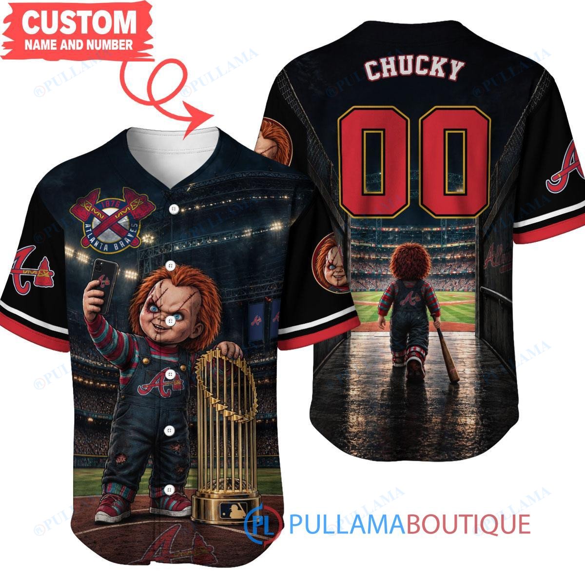 Atlanta Braves Chucky Child's Play with World Series Trophy Custom Baseball Jersey