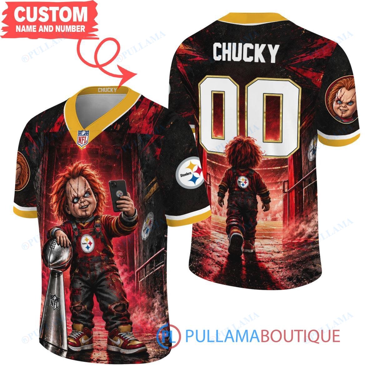 Pittsburgh Steelers Chucky Child's Play with Super Bowl Trophy Horror Tunnel Spotlight Custom Football Jersey
