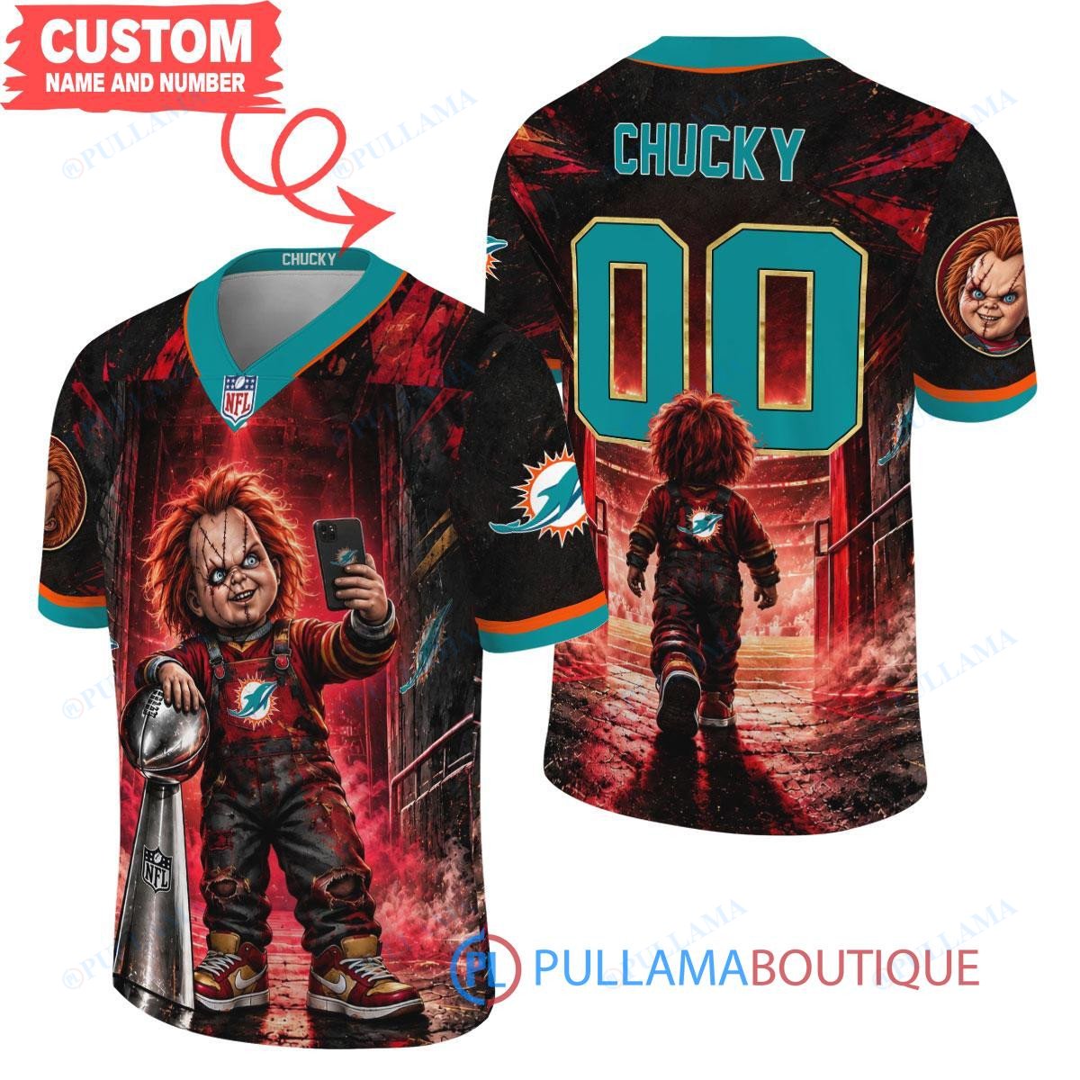 Miami Dolphins Chucky Child's Play with Super Bowl Trophy Horror Tunnel Spotlight Custom Football Jersey