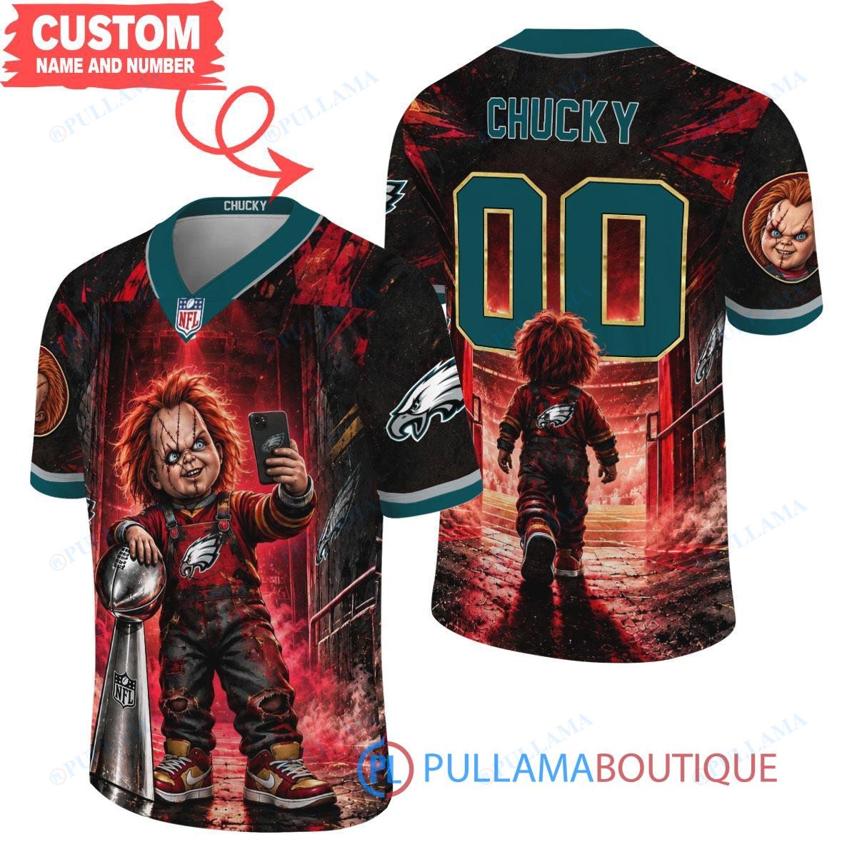 Philadelphia Eagles Chucky Child's Play with Super Bowl Trophy Horror Tunnel Spotlight Custom Football Jersey