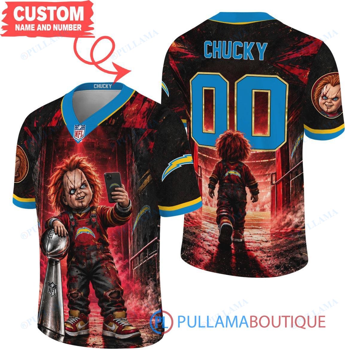 Los Angeles Chargers Chucky Child's Play with Super Bowl Trophy Horror Tunnel Spotlight Custom Football Jersey