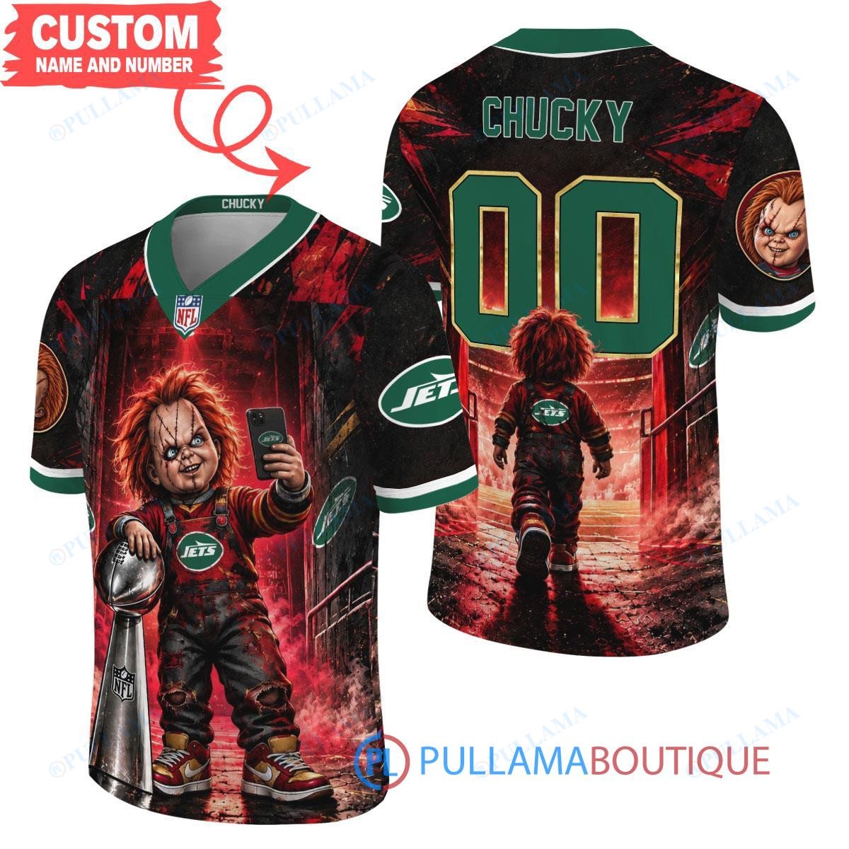 New York Jets Chucky Child's Play with Super Bowl Trophy Horror Tunnel Spotlight Custom Football Jersey