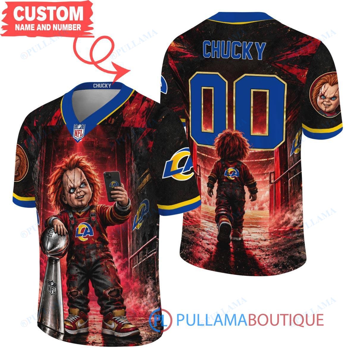 Los Angeles Rams Chucky Child's Play with Super Bowl Trophy Horror Tunnel Spotlight Custom Football Jersey