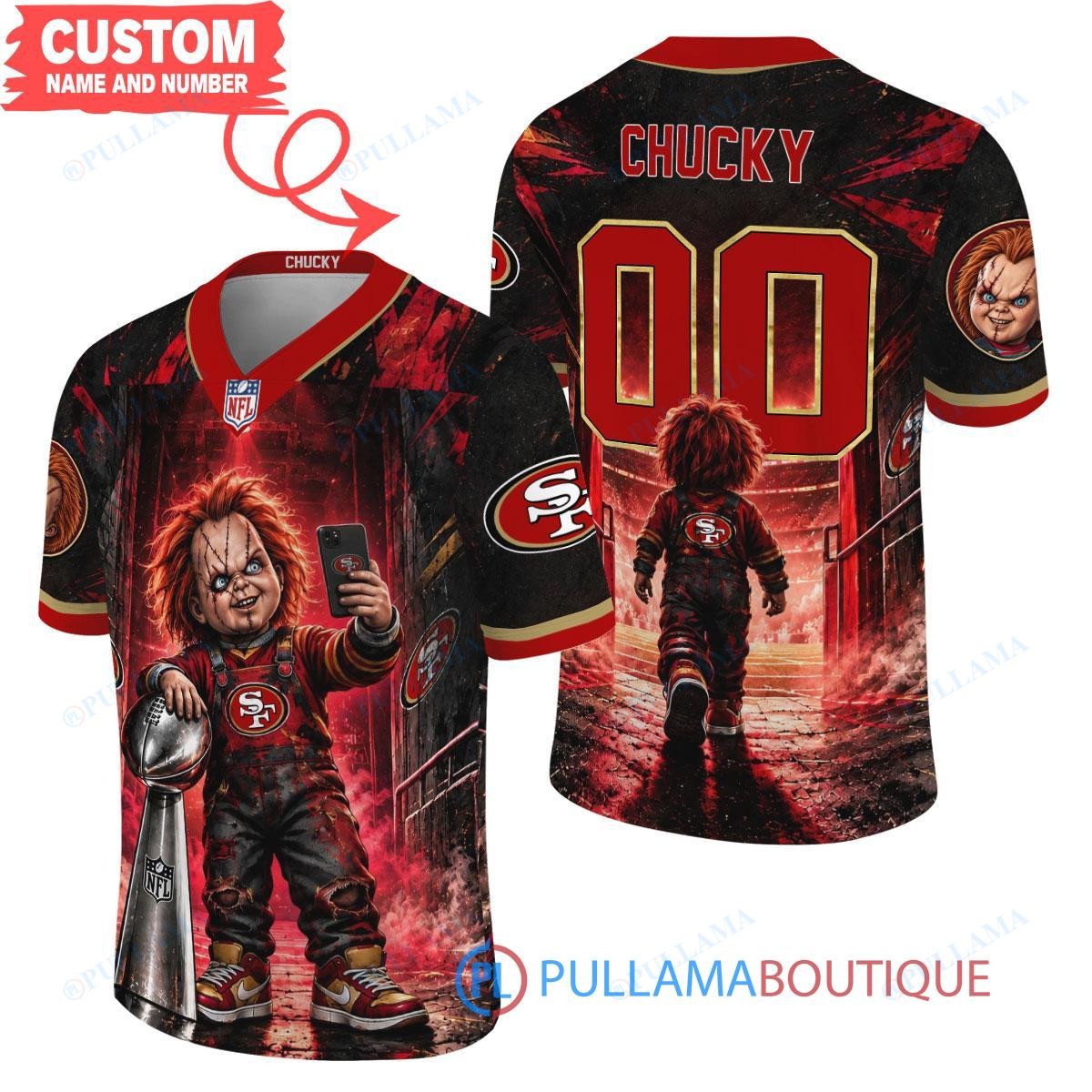 San Francisco 49ers Chucky Child's Play with Super Bowl Trophy Horror Tunnel Spotlight Custom Football Jersey