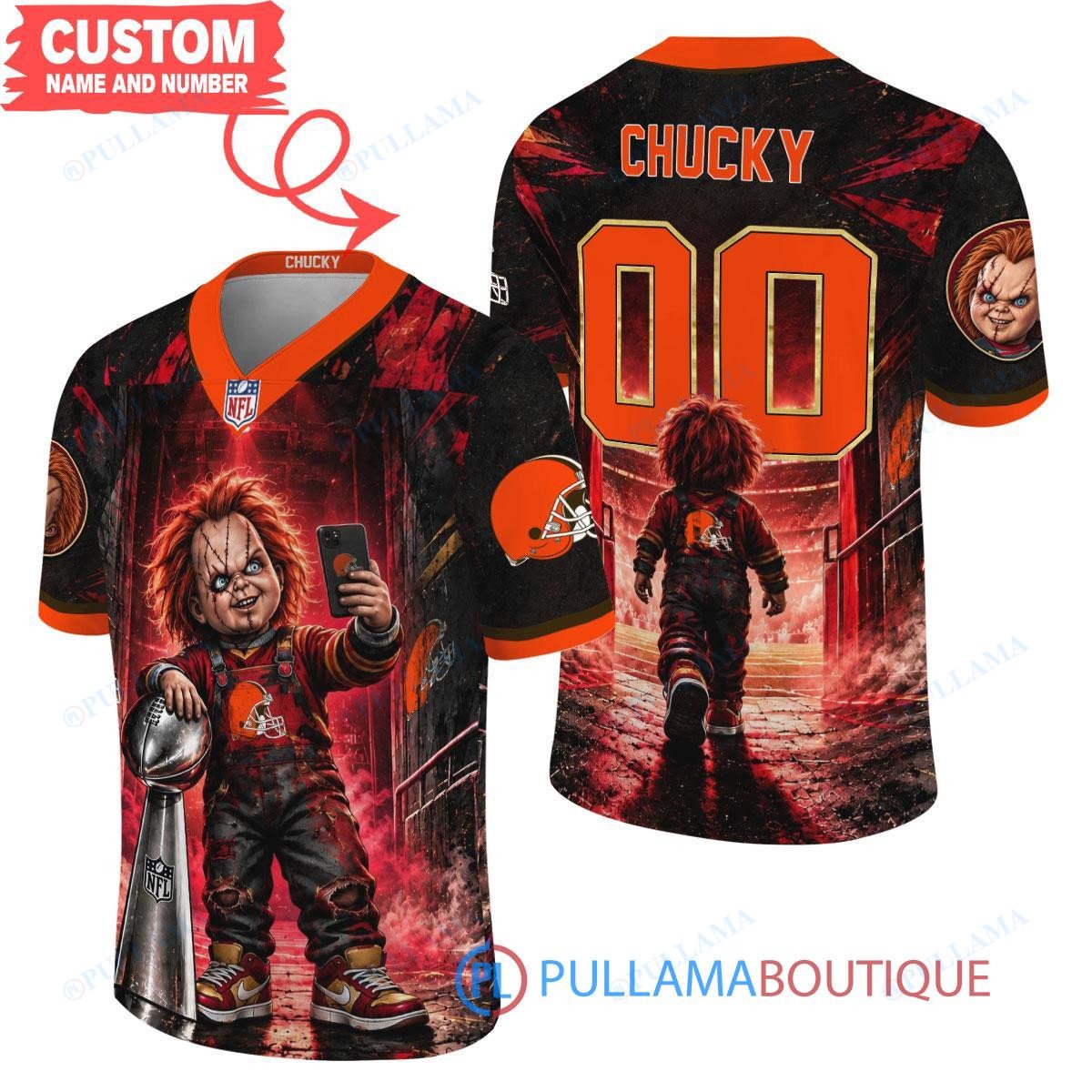 Cleveland Browns Chucky Child's Play with Super Bowl Trophy Horror Tunnel Spotlight Custom Football Jersey