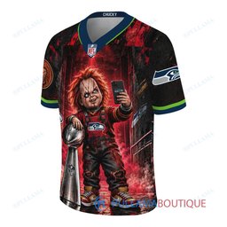 Seattle Seahawks Chucky Child's Play with Super Bowl Trophy Horror Tunnel Spotlight Custom Football Jersey