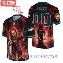 Seattle Seahawks Chucky Child's Play with Super Bowl Trophy Horror Tunnel Spotlight Custom Football Jersey