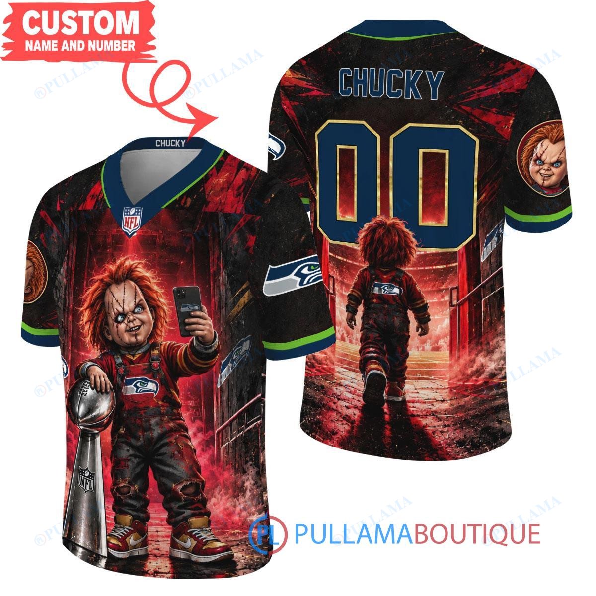 Seattle Seahawks Chucky Child's Play with Super Bowl Trophy Horror Tunnel Spotlight Custom Football Jersey