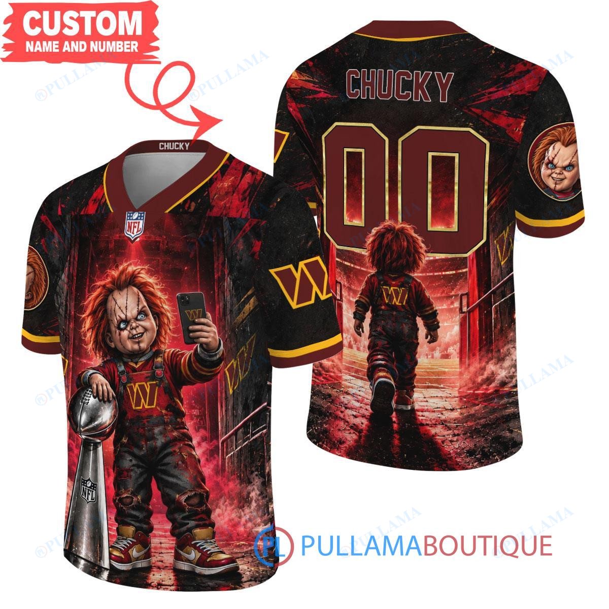 Washington Commanders Chucky Child's Play with Super Bowl Trophy Horror Tunnel Spotlight Custom Football Jersey