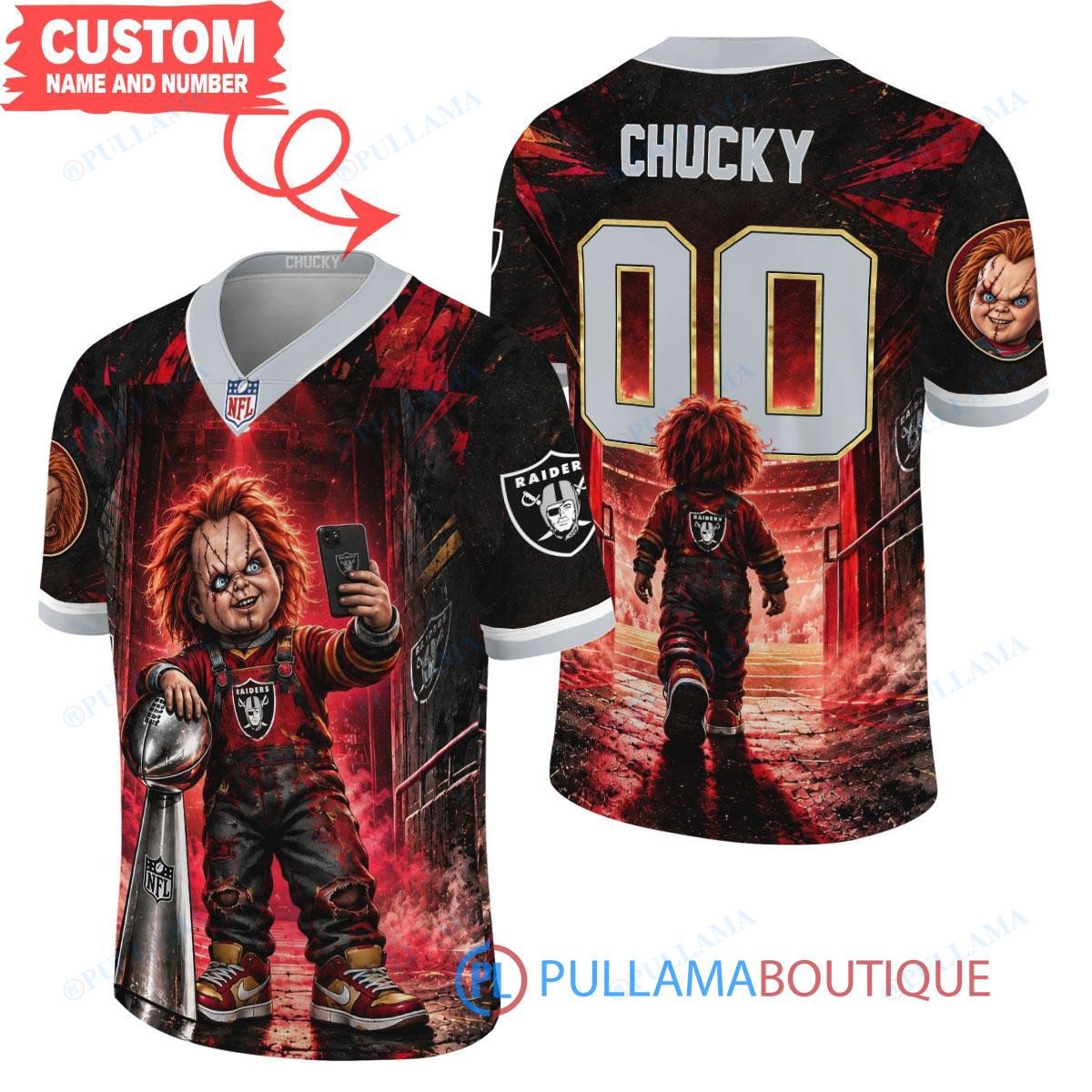 Las Vegas Raiders Chucky Child's Play with Super Bowl Trophy Horror Tunnel Spotlight Custom Football Jersey