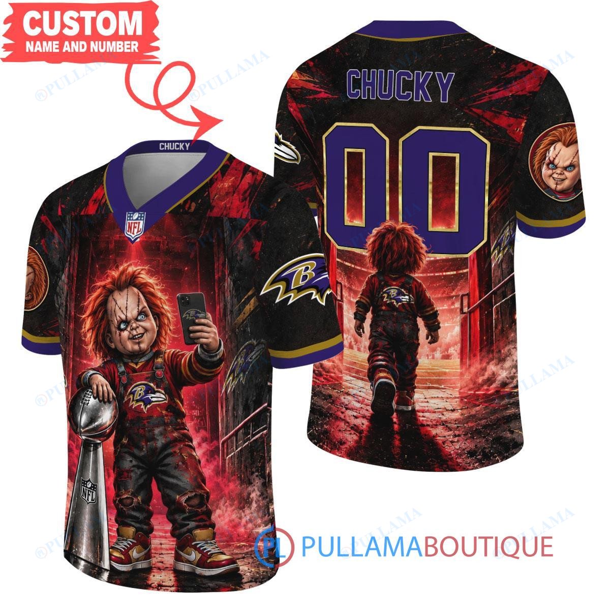 Baltimore Ravens Chucky Child's Play with Super Bowl Trophy Horror Tunnel Spotlight Custom Football Jersey