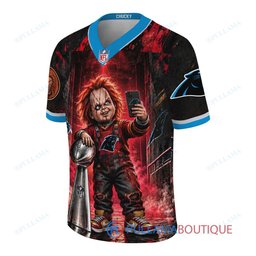 Carolina Panthers Chucky Child's Play with Super Bowl Trophy Horror Tunnel Spotlight Custom Football Jersey