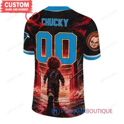 Carolina Panthers Chucky Child's Play with Super Bowl Trophy Horror Tunnel Spotlight Custom Football Jersey