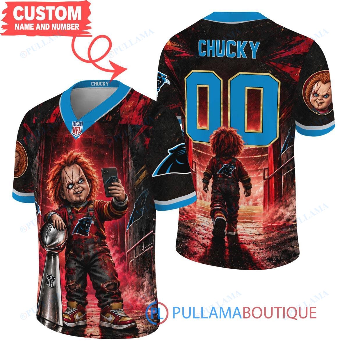 Carolina Panthers Chucky Child's Play with Super Bowl Trophy Horror Tunnel Spotlight Custom Football Jersey