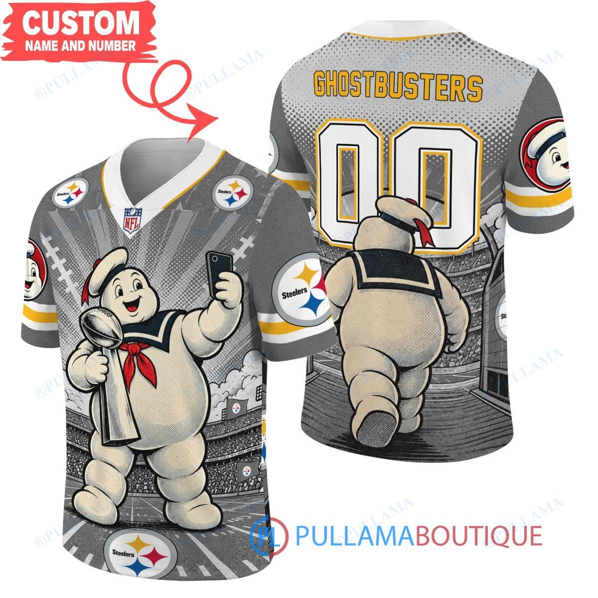 Pittsburgh Steelers Stay Puft Marshmallow Man with Super Bowl Trophy Retro Sailor Comic Custom Football Jersey