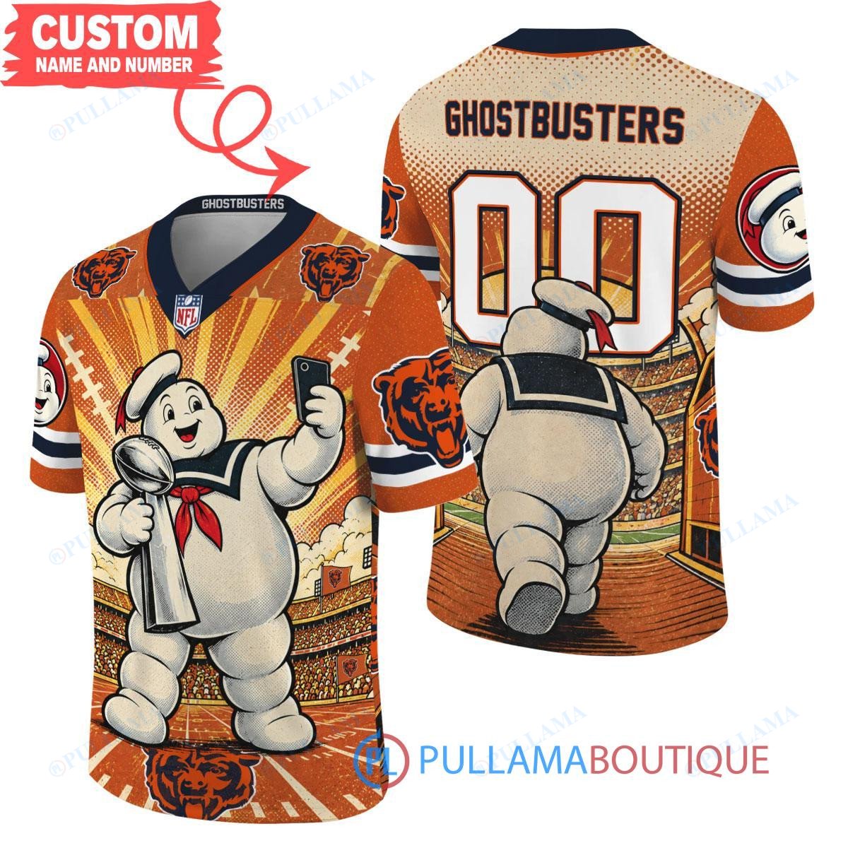 Chicago Bears Stay Puft Marshmallow Man with Super Bowl Trophy Retro Sailor Comic Custom Football Jersey