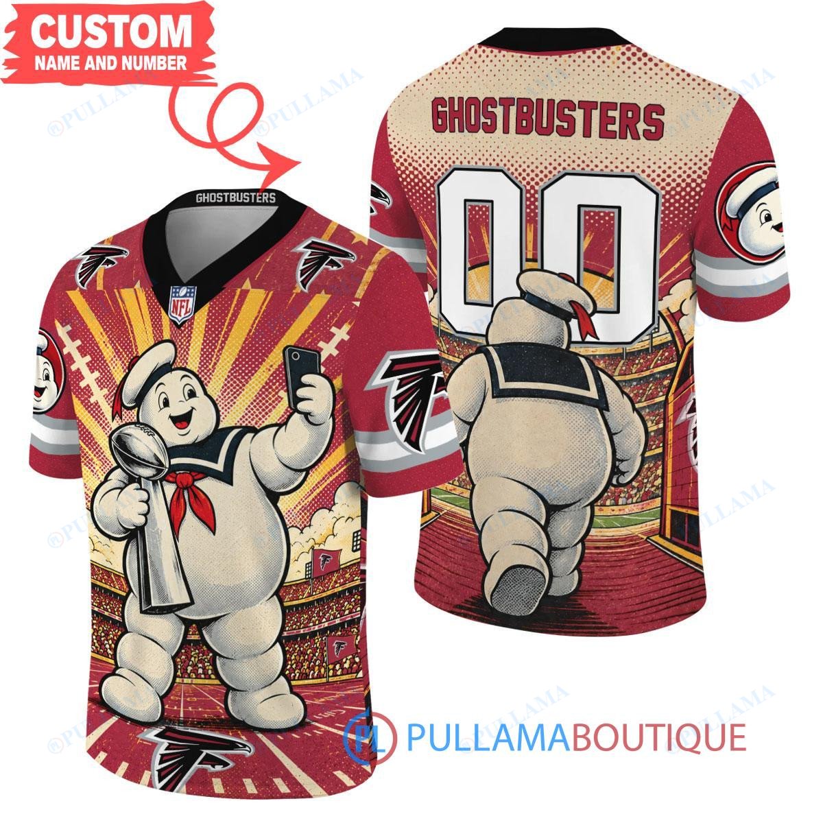 Atlanta Falcons Stay Puft Marshmallow Man with Super Bowl Trophy Retro Sailor Comic Custom Football Jersey