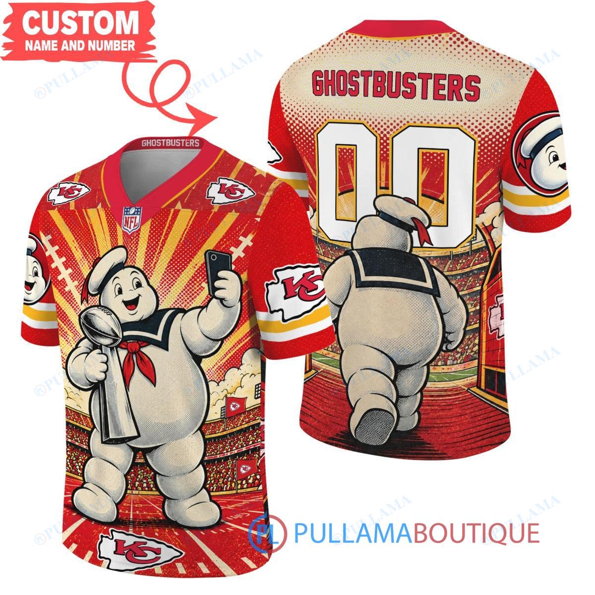 Kansas City Chiefs Stay Puft Marshmallow Man with Super Bowl Trophy Retro Sailor Comic Custom Football Jersey
