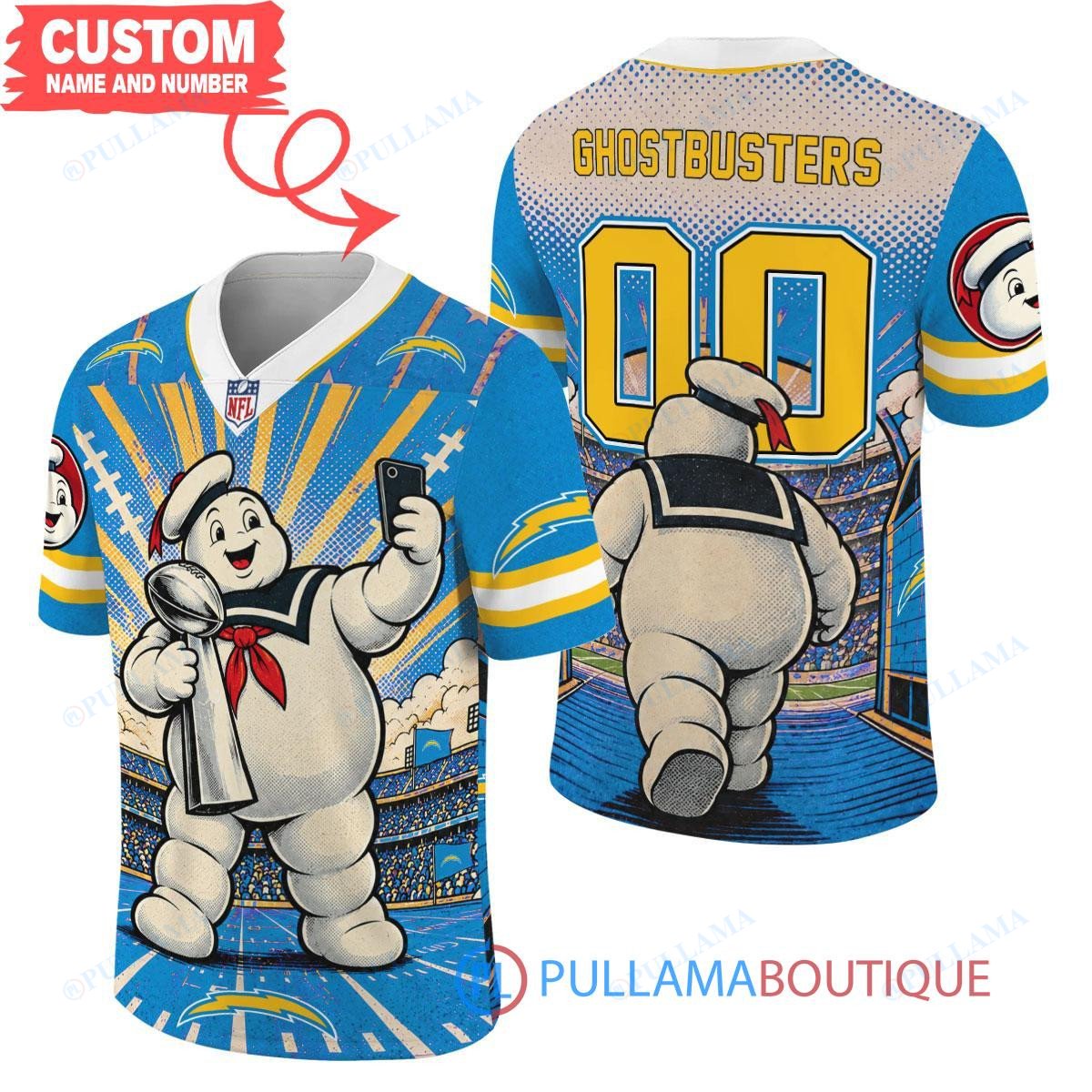 Los Angeles Chargers Stay Puft Marshmallow Man with Super Bowl Trophy Retro Sailor Comic Custom Football Jersey