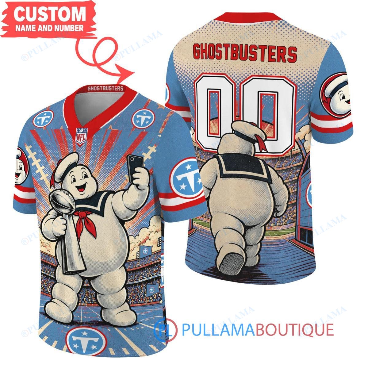 Tennessee Titans Stay Puft Marshmallow Man with Super Bowl Trophy Retro Sailor Comic Custom Football Jersey