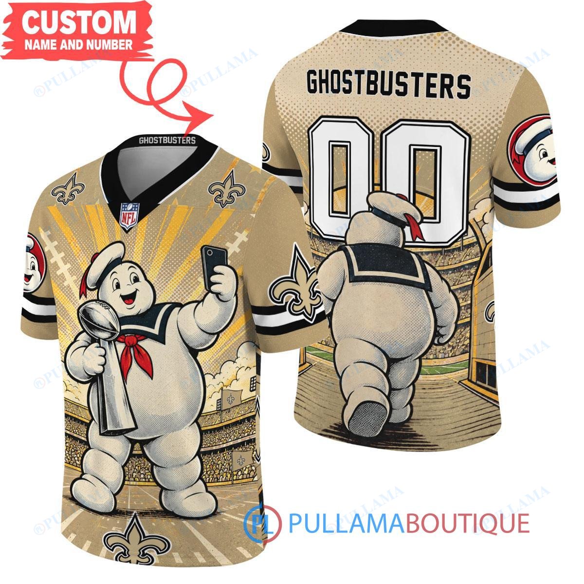 New Orleans Saints Stay Puft Marshmallow Man with Super Bowl Trophy Retro Sailor Comic Custom Football Jersey