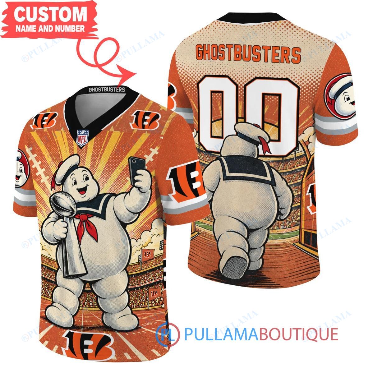 Cincinnati Bengals Stay Puft Marshmallow Man with Super Bowl Trophy Retro Sailor Comic Custom Football Jersey